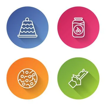 Set line Cake, Cherry jam jar, Cookie or biscuit and Bitten chocolate bar. Color Stock Illustration
