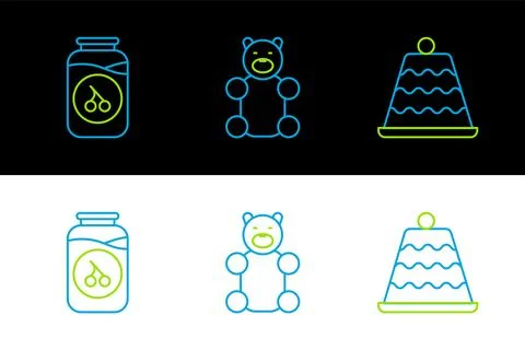 Set line Cake, Cherry jam jar and Jelly bear candy icon. Vector Stock Illustration