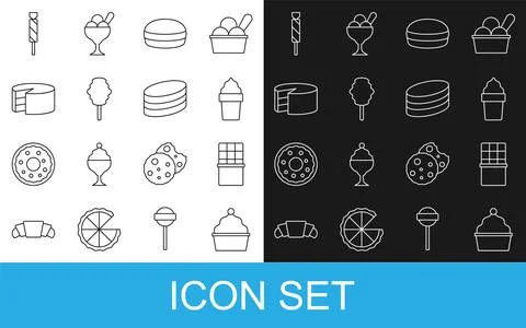 Set line Cake, Chocolate bar, Ice cream in waffle cone, Macaron cookie, Cot.. Stock Illustration