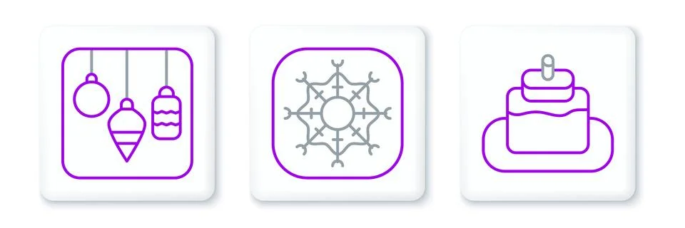 Set line Cake, Christmas lights and Snowflake icon. Vector Stock Illustration