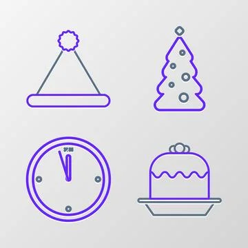 Set line Cake, Clock, Christmas tree with decorations and Santa Claus hat i.. Stock Illustration