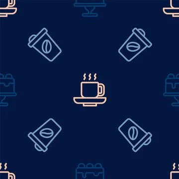 Set line Cake, Coffee cup to go and on seamless pattern. Vector Stock Illustration