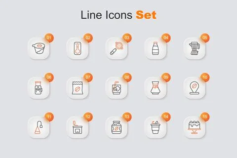 Set line Cake, Coffee cup to go, jar bottle, Manual coffee grinder, Tea bag.. Ilustración de archivo