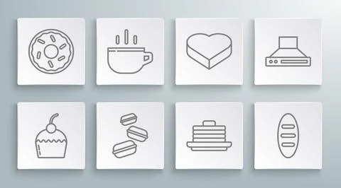 Set line Cake, Coffee cup, Macaron cookie, Stack pancakes, Bread loaf, Cand.. Stock Illustration