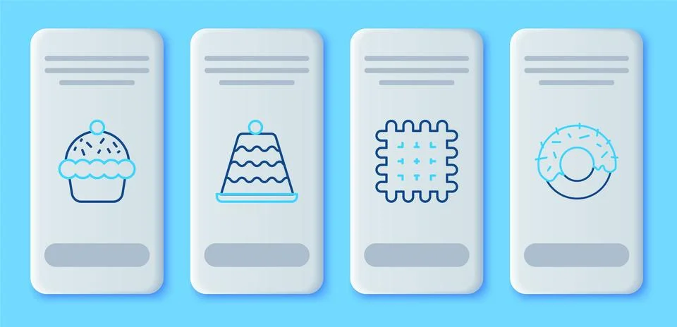Set line Cake, Cracker biscuit, Cupcake and Donut icon. Vector Stock Illustration