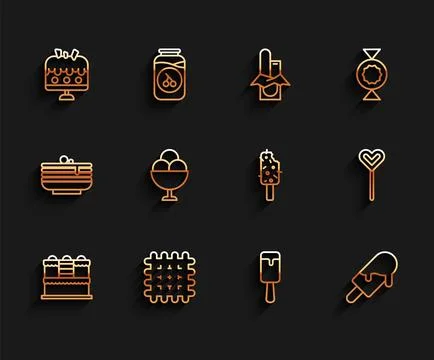 Set line Cake, Cracker biscuit, on plate, Ice cream, in bowl, Lollipop and icon Stock Illustration