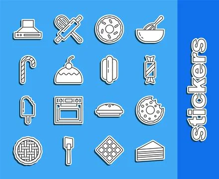 Set line Cake, Donut, Candy, Christmas candy cane, Kitchen extractor fan an.. Stock Illustration