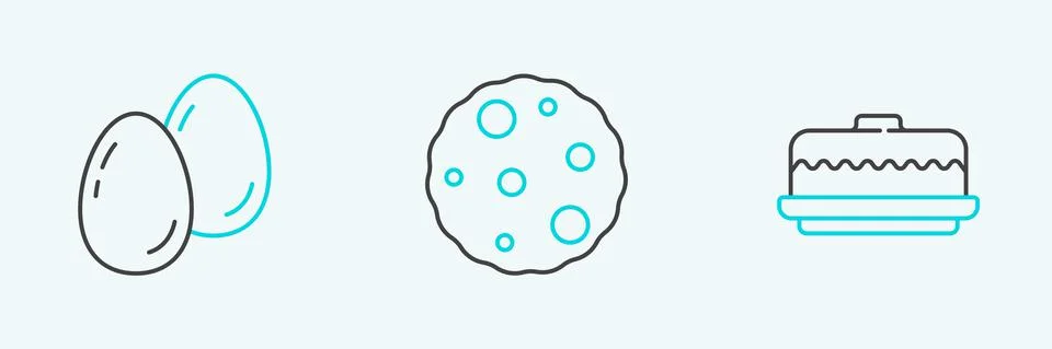 Set line Cake, Easter eggs and Cookie or biscuit icon. Vector Stock Illustration