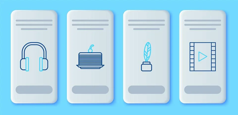 Set line Cake, Feather and inkwell, Headphones and Play Video icon. Vector Stock Illustration