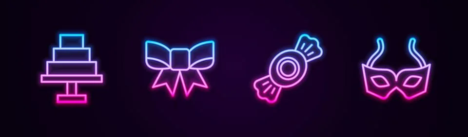 Set line Cake, Gift bow, Candy and Festive mask. Glowing neon icon. Vector Illustrazione stock