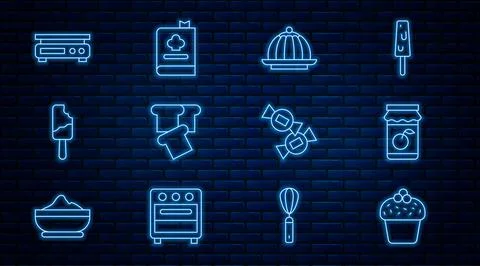 Set line Cake, Jam jar, Pudding custard, Bread toast, Ice cream, Electronic Illustrazione stock