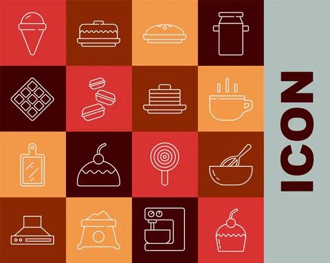 Set line Cake, Kitchen whisk and bowl, Coffee cup, Homemade pie, Macaron cookie Stock Illustration