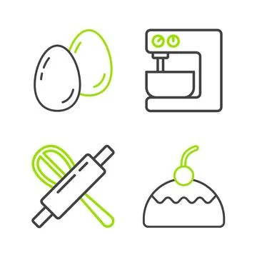 Set line Cake, Kitchen whisk and rolling pin, Electric mixer and Easter eggs Stock Illustration