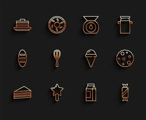 Set line Cake, Lollipop, Stack of pancakes, Paper package for milk, Candy Stock Illustration