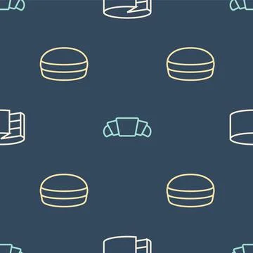Set line Cake, Macaron cookie and Croissant on seamless pattern. Vector 스톡 일러스트