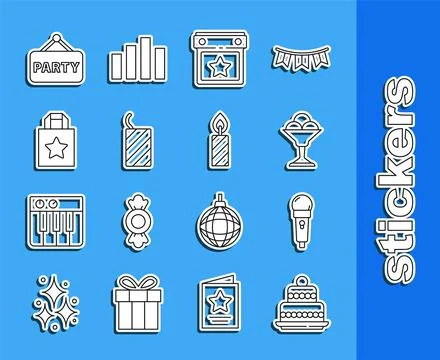 Set line Cake, Microphone, Ice cream in bowl, Calendar party, Firework rock.. Иллюстрация