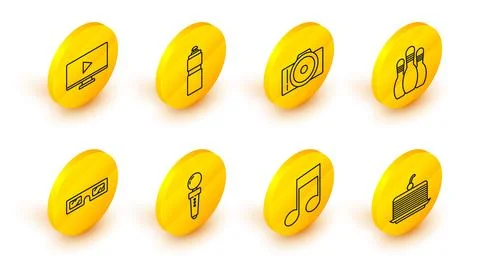 Set line Cake, Music note, tone, Joystick for arcade machine, 3D cinema gla.. Illustrazione stock