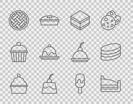 Set line Cake, Piece of cake, Brownie chocolate, Pudding custard, Homemade .. Stock Illustration