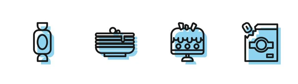 Set line Cake on plate, Candy, Stack of pancakes and packaging for sweets icon Stock Illustration