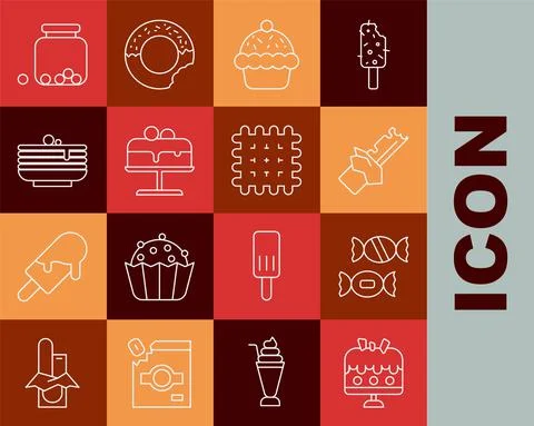 Set line Cake on plate, Candy, Bitten chocolate bar, Cupcake, Stack of pancakes Stock Illustration