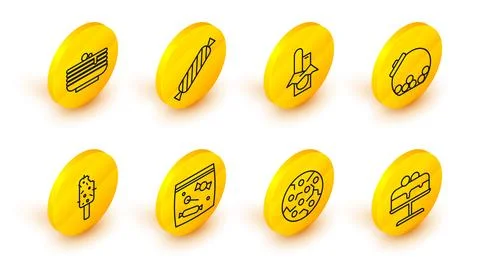Set line Cake on plate, Cookie or biscuit, Candy packaging for sweets, Ice cream Illustrazione stock