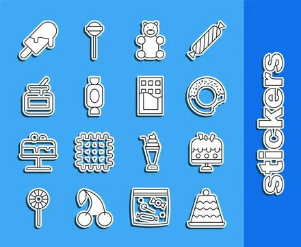 Set line Cake, on plate, Donut, Jelly bear candy, Candy, Jar of honey, Ice .. Stock Illustration