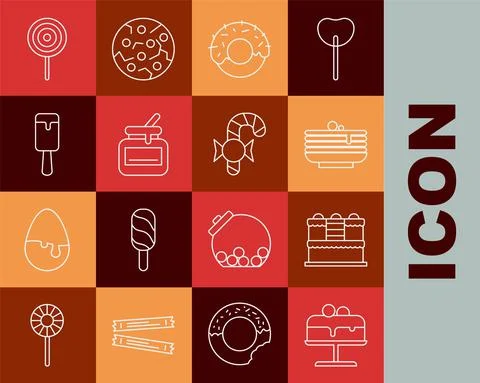 Set line Cake on plate, Stack of pancakes, Donut, Jar honey, Ice cream, Lollipop 库存插图