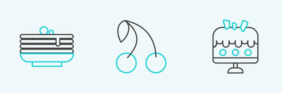 Set line Cake on plate, Stack of pancakes and Cherry icon. Vector Illustrazione stock