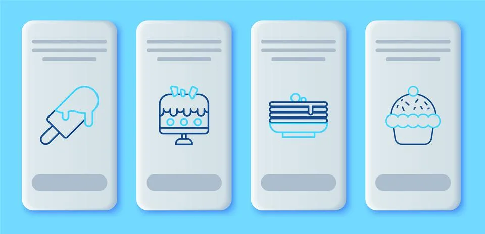 Set line Cake on plate, Stack of pancakes, Ice cream and Cupcake icon. Vector Illustrazione stock