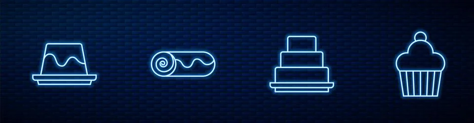 Set line Cake, Pudding custard, Chocolate roll cake and . Glowing neon icon on Stock Illustration