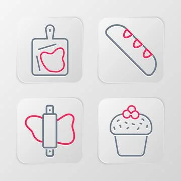 Set line Cake, Rolling pin on dough, French baguette bread and Cutting boar.. Stock Illustration