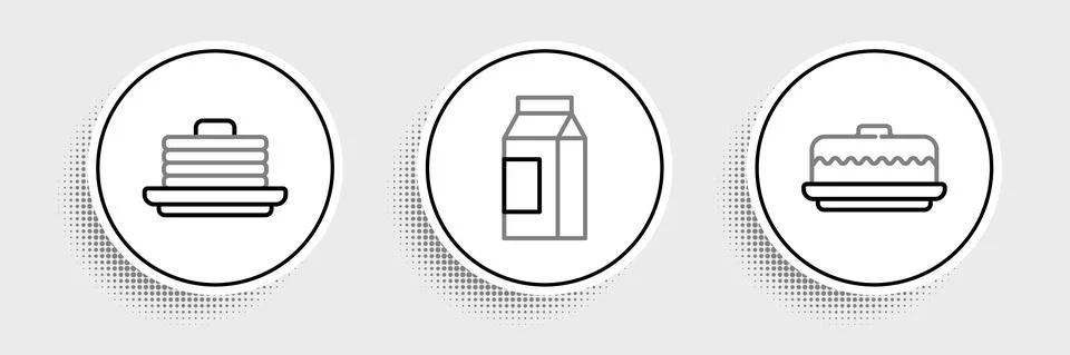 Set line Cake, Stack of pancakes and Paper package for milk icon. Vector Stockillustratie