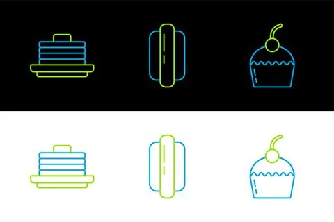 Set line Cake, Stack of pancakes and Hotdog sandwich icon. Vector Stockillustratie