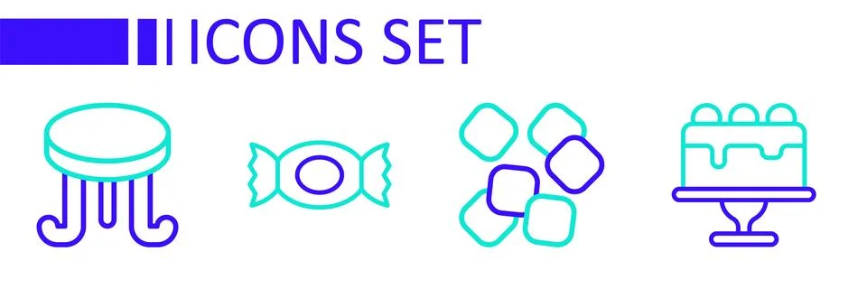 Set line Cake, Sugar cubes, Candy and Coffee table icon. Vector Stock Illustration