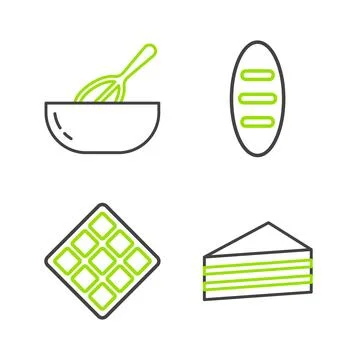 Set line Cake, Waffle, Bread loaf and Kitchen whisk and bowl icon. Vector Stock Illustration