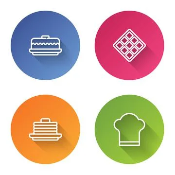 Set line Cake, Waffle, Stack of pancakes and Chef hat. Color circle button Stock Illustration