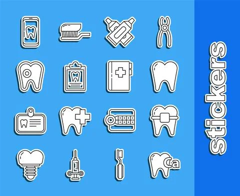 Set line Calcium for tooth, Teeth with braces, Tooth, Crossed tube of toothpaste Stockillustratie