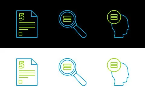 Set line Calculation, Test or exam sheet and icon. Vector Stock Illustration