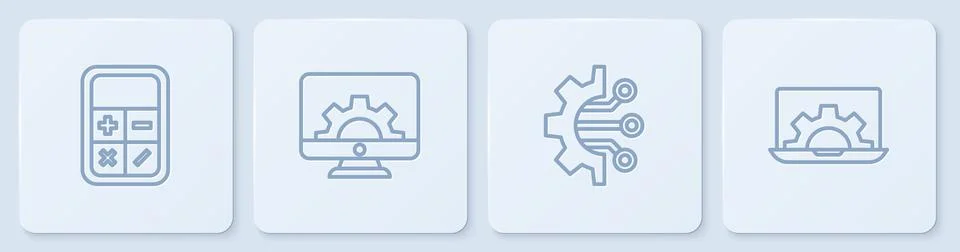Set line Calculator, Algorithm, Computer monitor and gear and Laptop. White s Stock Illustration