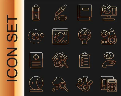 Set line Calculator, Atom, Timing belt kit, Science book, Data visualisation Stock Illustration