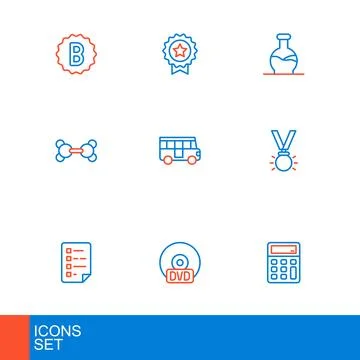 Set line Calculator, CD DVD disk, Clipboard with checklist, Medal, Molecule.. Stock Illustration