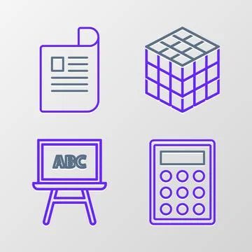 Set line Calculator, Chalkboard, Rubik cube and Document icon. Vector 스톡 일러스트