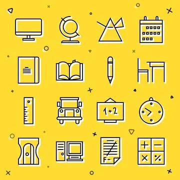 Set line Calculator, Clock, School table and chair, Light rays in prism, Open Stock Illustration