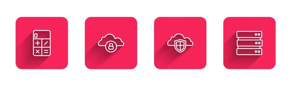 Set line Calculator, Cloud computing lock, and shield and Server with long Stockillustratie