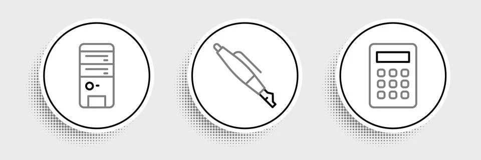 Set line Calculator, Computer and Fountain pen nib icon. Vector Illustrazione stock