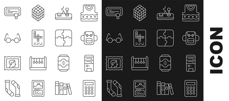 Set line Calculator, Computer, School backpack, Gamepad, Crossword, Eyeglas.. Stock Illustration