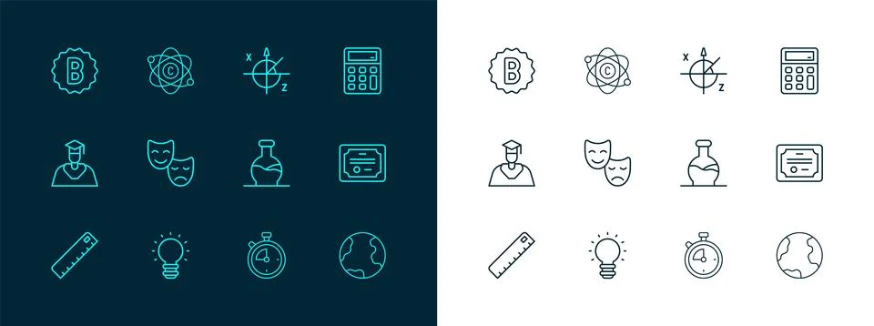 Set line Calculator, Creative lamp light idea, Test tube, Stopwatch, Comedy.. Stock Illustration