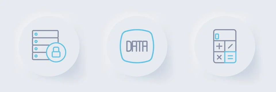 Set line Calculator, Data analysis and Server security with padlock icon. V.. Stock Illustration