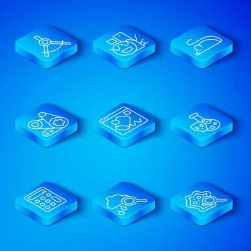Set line Calculator, Data visualisation, Cloud with rain, Test tube toxic liquid Stock Illustration