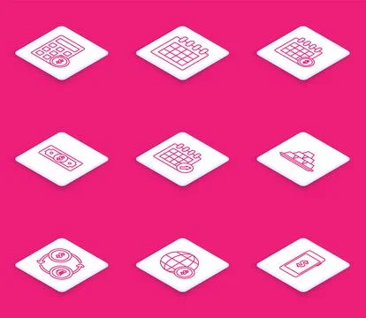 Set line Calculator with dollar symbol, Calendar, Financial calendar, Stack.. Illustrazione stock